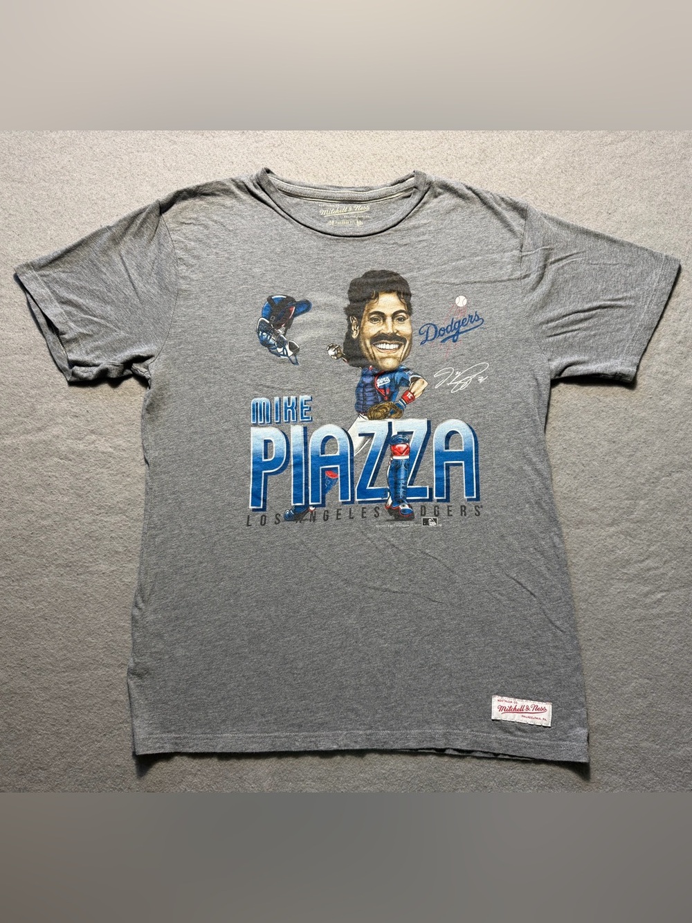 Mitchell & Ness Mike Piazza Dodgers T Shirt Mens L Gray MLB Caricature Tee
